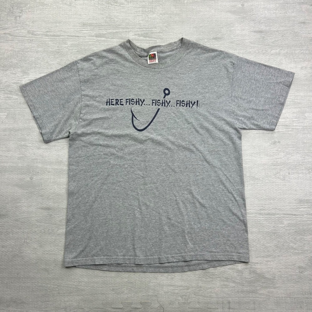 Vintage 90s Fishing Shirt Size‎ XL Gray Here Fishy Hook Nature Tee